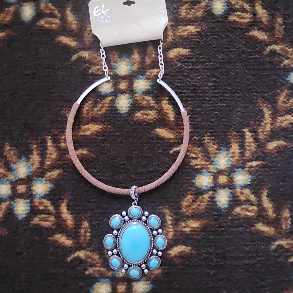 Erica Lyons Turquoise Blue Stone Pendant Necklace with Brown Wrapped Cord